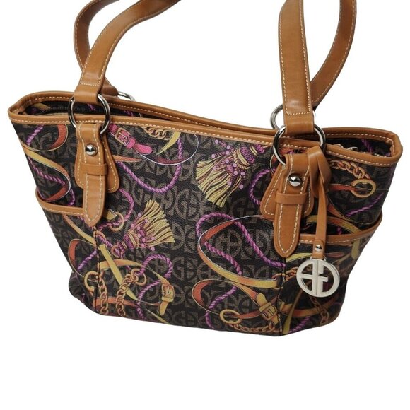 Giani Bernini Purse Handbag Shoulder Bag Faux Leather Brown Tassel/Belt Print - Picture 2 of 12